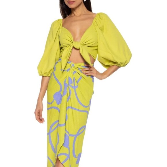 FARM RIO Chartreuse Green Linen Front Tie Puff Sleeve Crop Top Blouse, Size PP - Picture 2 of 15